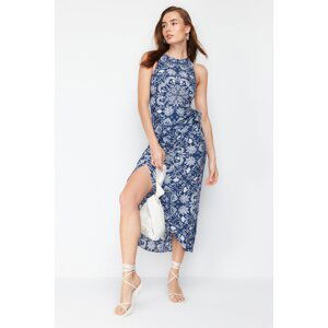 Trendyol Blue Shawl Patterned A-line Tie Detailed Midi Woven Dress