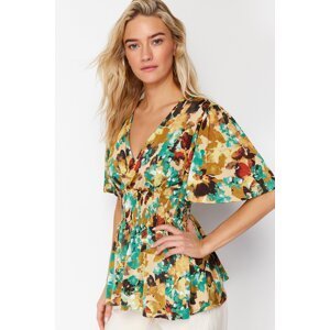 Trendyol Multi Color Printed Gipeli Regular/Regular Fit Double Breasted Short Sleeve Stretch Knitted Blouse