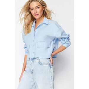 Trendyol Blue Crop Pocket Detailed Regular Fit Woven Shirt