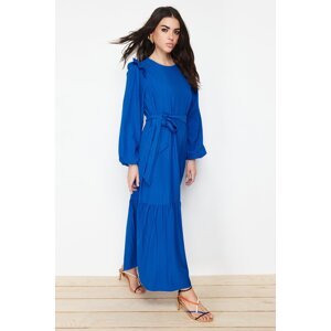 Trendyol Blue Belted Viscose Blended Woven Dress with Ruffled Shoulder Skirt Flounce Lined