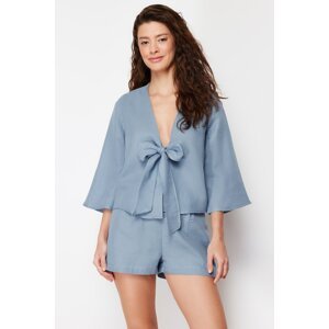 Trendyol Premium Blue 100% Cotton Tie Detailed Muslin Woven Pajamas Set