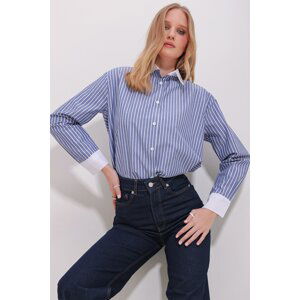 Trend Alaçatı Stili Women's Blue Collar And Cuff Garnish Striped Woven Oversize Shirt