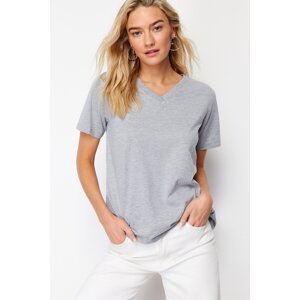 Trendyol Gray Melange 100% Cotton Basic V Neck Knitted T-Shirt