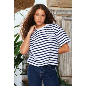 Trendyol námořnický modrý pruhovaný 100% bavlněný asymetrický volný/relaxovaný pletený tričko
