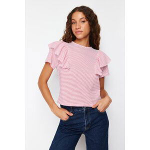 Trendyol Fuchsia Ecru Striped Ruffle Detail Regular/Normal Fit Knitted T-Shirt