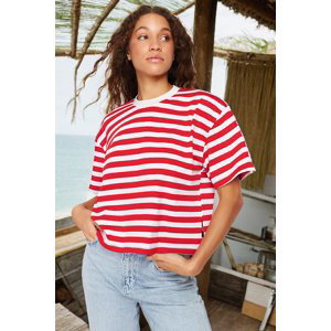Trendyol červené pruhované 100% bavlněné asymetrické volné/relaxované pletené tričko