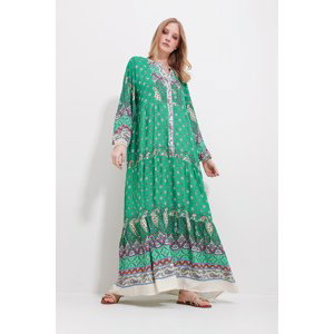 Šaty Trend Alaçatı Stili pro ženy, zelené, s velkým límcem a vzorem šály, maxi délka