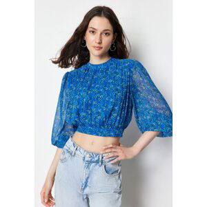 Trendyol Blue Floral High Neck Crop Blouse