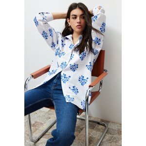 Trendyol Ecru Floral Printed Oversize/Wide Fit Woven Shirt