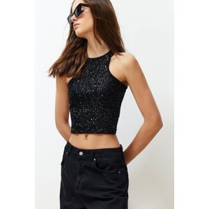 Trendyol Black Shiny Stamp Sequin Detail Ribbed Stretch Knitted Blouse