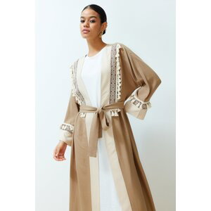 Trendyol Brown Belted Brode Detail Crinkle Woven Kimono & Kaftan & Abaya