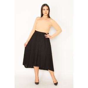 Şans Women's Plus Size Black Elastic Waist Bouquette Long Skirt With Fabric