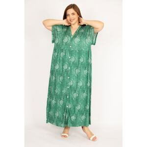 Şans Women's Green Plus Size Front Length Buttoned Long Dress with Pocket