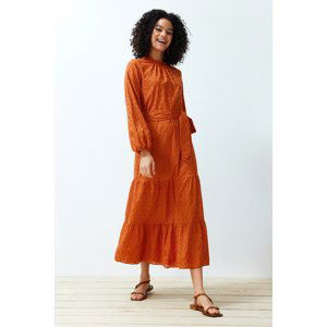 Trendyol Cinnamon High Collar Lace Lined Woven Guipure/Brode Dress
