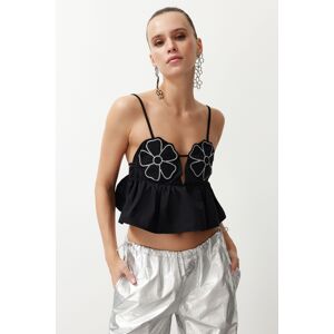 Trendyol Black Crop Woven Floral Embroidered Blouse