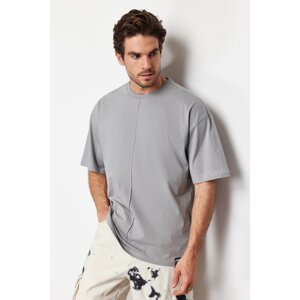 Trendyol šedé oversize tričko s detaily švů ze 100% bavlny