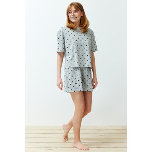 Trendyol Gray Melange Cotton Heart Patterned T-shirt-Shorts Knitted Pajama Set