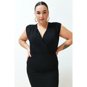 Trendyol Curve Black Waistband Double Breasted Neck Flexible Snap-On Knitted Blouse