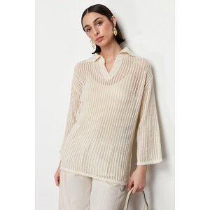 Trendyol Cream Polo Neck Openwork/Perforated Knitwear Sweater