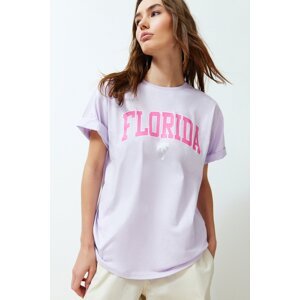 Trendyol lila oversized tištěné tričko s krátkým rukávem a kulatým výstřihem