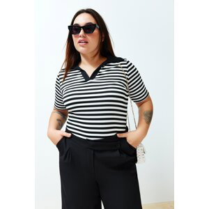 Trendyol Curve Black and White Striped Corduroy Knitted Blouse