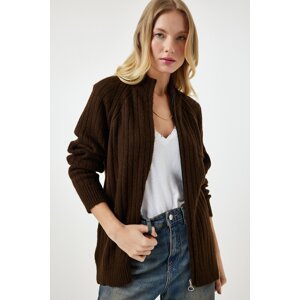 Happiness İstanbul Women's Brown Zippered Knitwear Cardigan