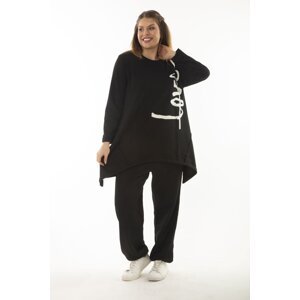 Şans Women's Plus Size Black Cup and Print Detailed Sweatshirt and Pants Double Tracksuit Set