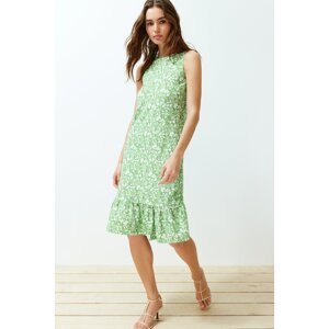 Trendyol Green Floral Skirt Ruffled Ribbed Elastic Knitted Midi Dress