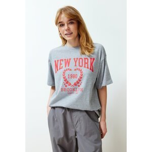 Trendyol Gray Melange City Printed Oversize/Wide Cut Crew Neck Knitted T-Shirt