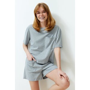 Trendyol Gray Cotton Knitted Pajama Set with Pocket Detail