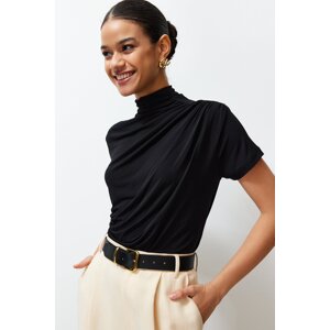 Trendyol Black Shirring/Drape Detailed Fitted/Fitted Short Sleeve Stand Collar Stretch Knitted Blouse