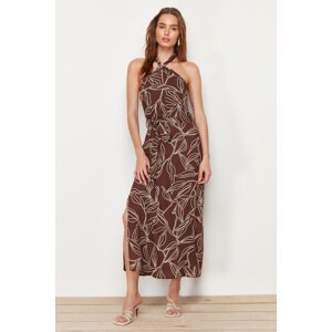 Trendyol Brown Belted Floral Print A-Cut Slit Detailed Woven Dress