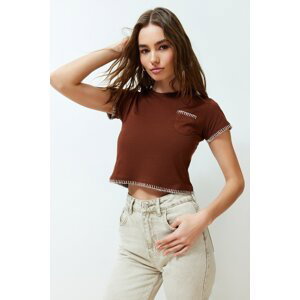 Trendyol Brown 100% Cotton Stitching Detailed Regular/Normal Pattern Crop Knitted T-Shirt