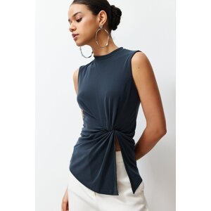 Trendyol Anthracite High Collar Knitted Blouse with Ruffle and Slit Detail