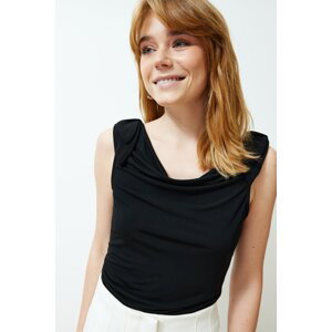 Trendyol Black Fitted/Situated Tie Detail Turn-On Neck Crew Neck Elastic Knitted Blouse