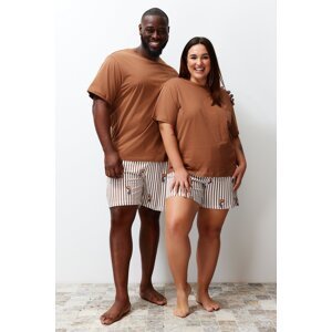 Trendyol Curve Brown Teddy Bear Pattern Knitted Couple Pajamas Set