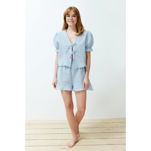 Trendyol Blue Cotton Textured Gingham Pajama Set with Ribbon/Bow Detail