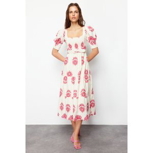 Trendyol růžové vzorované šaty s čtvercovým výstřihem, lněným vzhledem a páskem, midi délka, tkané.