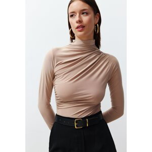 Trendyol Stone Gathered Square Neck Fitted Elastic Knitted Blouse