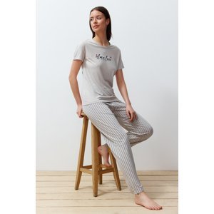 Trendyol Gray Motto Printed Striped Knitted Pajamas Set