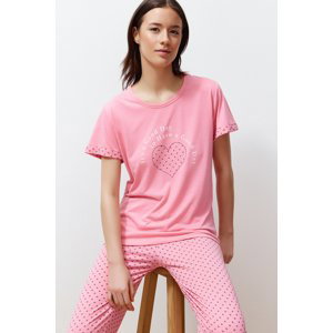 Trendyol Pink Slogan Printed Polka Dot Knitted Pajama Set