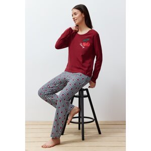 Trendyol Claret Red 100% Cotton Cherry Printed Plaid Knitted Pajamas Set