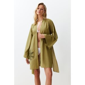 Trendyol Oil Green Belted Mini Woven Embroidered 100% Cotton Kimono&Kaftan