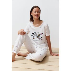 Trendyol Ecru Cotton Butterfly Patterned Knitted Pajama Set