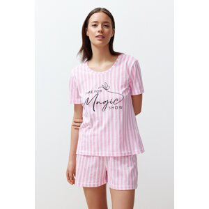 Trendyol Pink Cotton Slogan Printed Striped Knitted Pajama Set