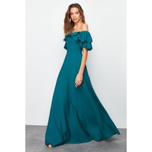 Trendyol Emerald Green A-Line Woven Flounce Long Evening Dress