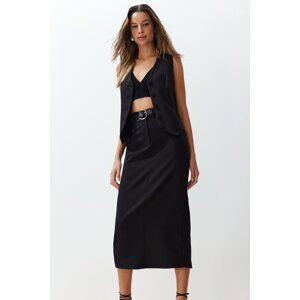 Trendyol Black Waist Detailed Pencil Straight Cut Midi Length Woven Skirt