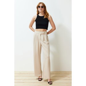 Trendyol Stone Hook and Loop Closure High Waist Pleated Wide Leg/Wide Cut Knitted Palazzo Trousers