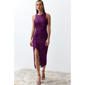 Trendyol Purple Fitted Knitted Shiny Sequin Sequined Elegant Evening Dress