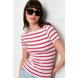 Trendyol Fuchsia Striped Boat Rock Short Sleeve Regular/Normal Cut Ribbed Stretch Knitted Blouse